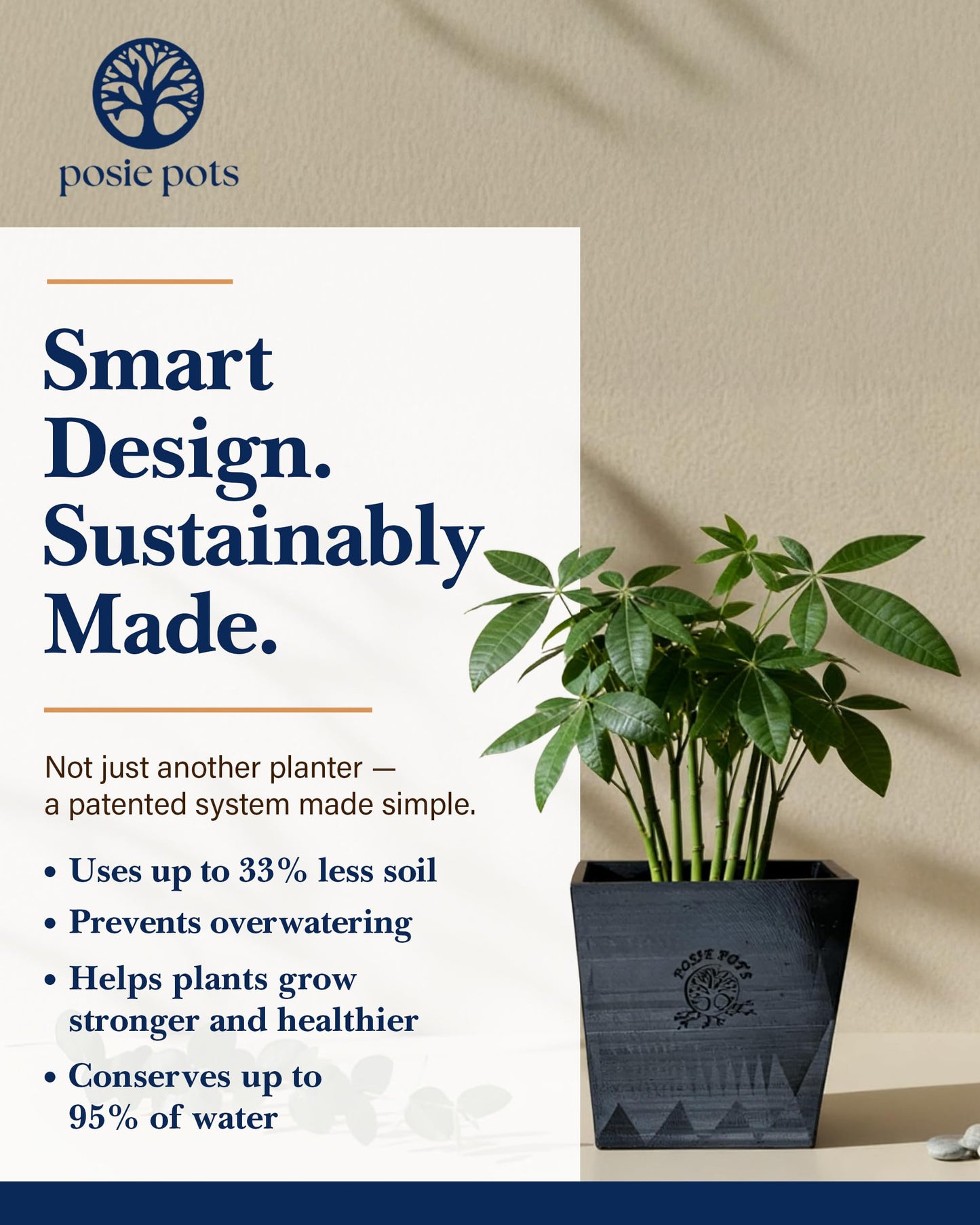 POSIE3DPRINTS Posie Pot Medium Twisted Square - Self Watering Planter 5x5 Inch - Indoor Plant Pot with 30 Day Reservoir - 3D Printed Bioplastic - No Guilt Plant Care - Made in USA, Black