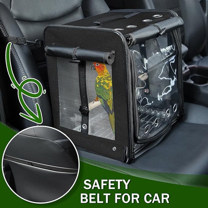 Bird Carrier with Seat Belt for Car Travel, Bird Backpack Carrier with Indestructible Stainless Steel Mesh, Large Bird Carrier Travel Cage, Black