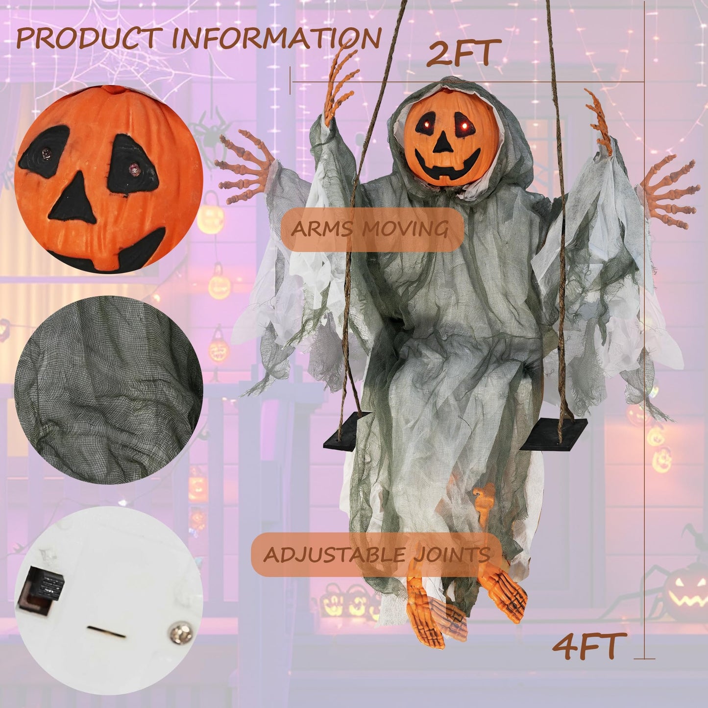 Hourleey 2 Pack Halloween Decorations Outdoor, Swinging 3.6ft Witch and Hanging 4ft Pumpkin Ghost with Lighted Eyes for Haunted House Prop Décor, Halloween Indoor