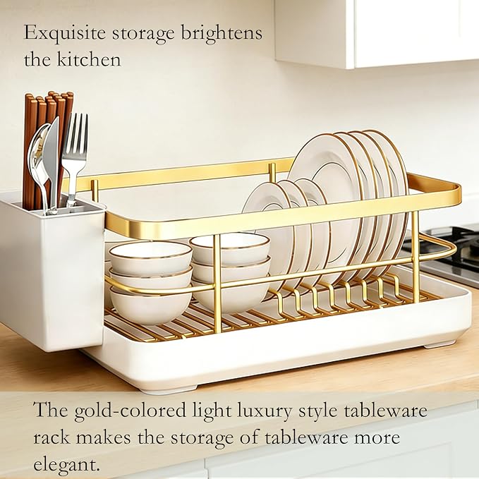Dish Drying Rack for Kitchen Counter - Space-Saving Gold Dish Rack with Drip Tray & Cutlery Holder, Carbon Steel Removable Dish Drainer Rack