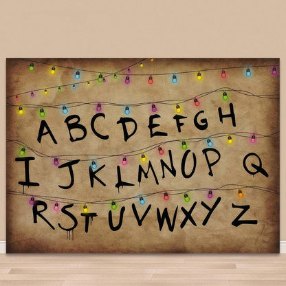 Colourful Light String Rustic Alphabet Backdrop for Halloween Birthday Party Decor Cake Table Banner Photo Booth Props Supplies 7x5FT