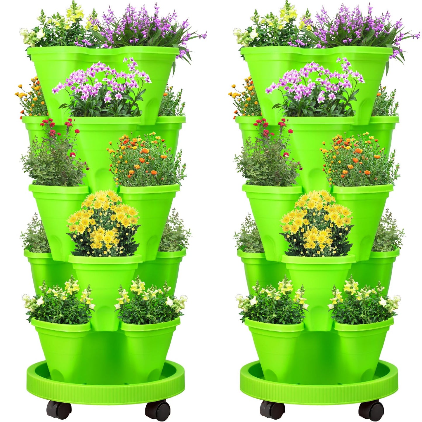 Umigy 2 Set 5 Tier Stackable Planters Vertical Garden Planters for Strawberry Herb Flower and Vegetable Indoor Outdoor Gardening Pots with Removable Wheels and Bottom(Green)