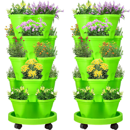 Umigy 2 Set 5 Tier Stackable Planters Vertical Garden Planters for Strawberry Herb Flower and Vegetable Indoor Outdoor Gardening Pots with Removable Wheels and Bottom(Green)