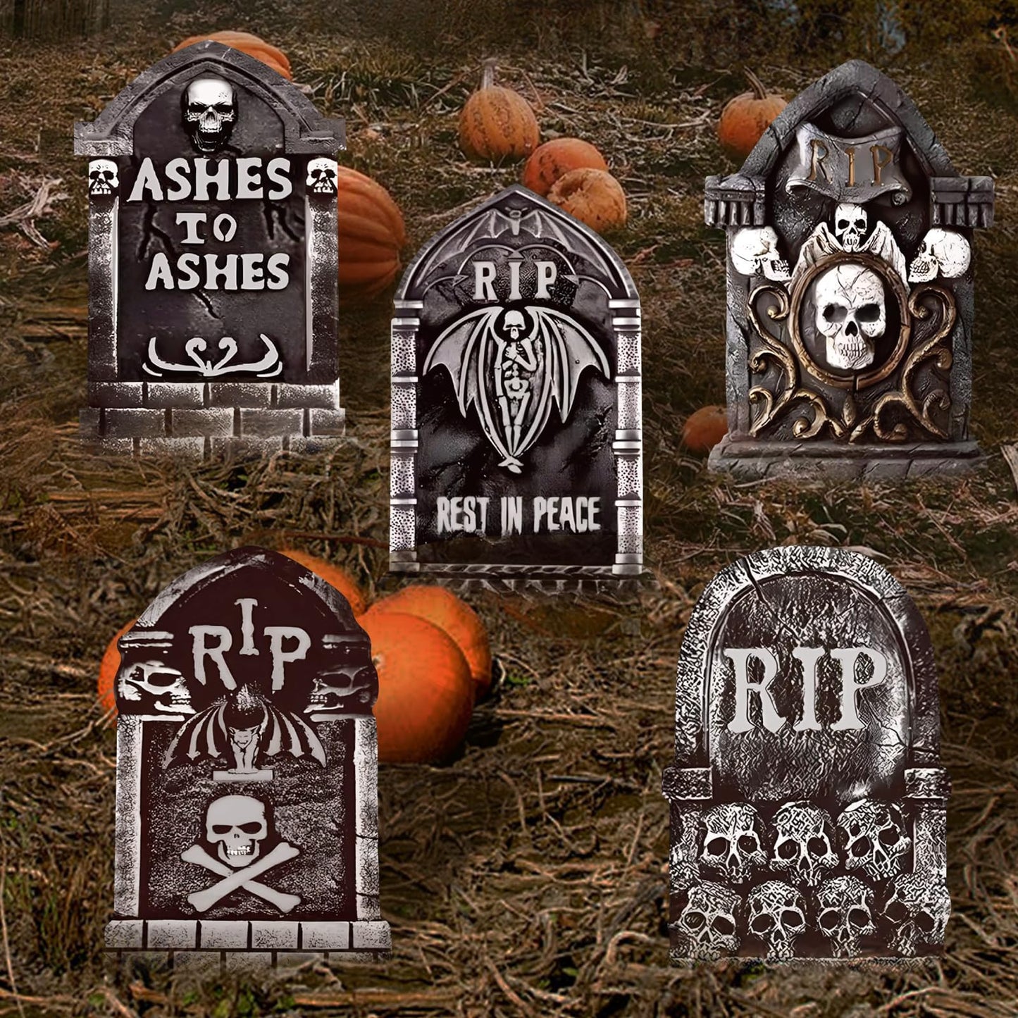 17inch Halloween Tombstones Decorations 5PCS Halloween Graveyard Decoration Outdoor, Plastic Halloween Gravestones Headstone Yard Signs