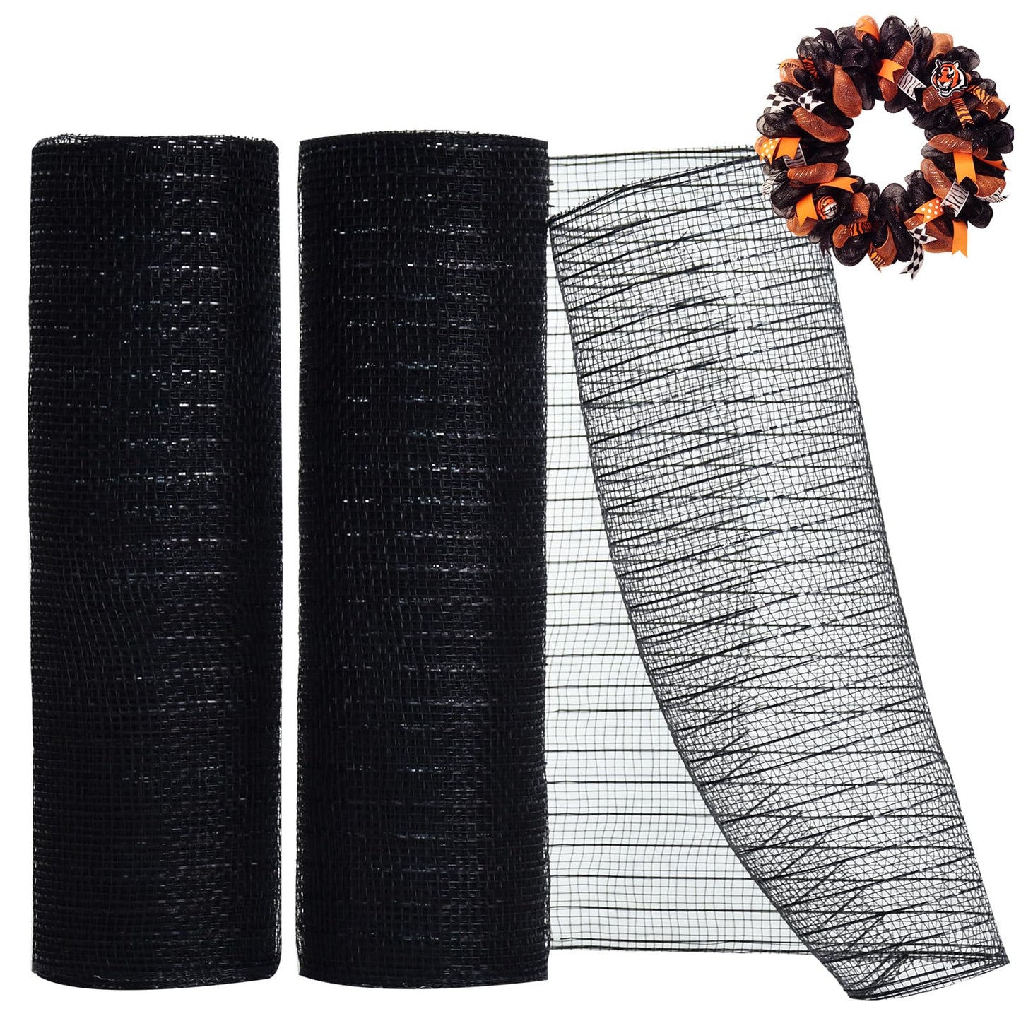 TONIFUL 2 Rolls 10 Inch Black Decorative Mesh Ribbbon Rolls, Fabric Mesh with Foil for Wreath Supplies, Front Door Wreath Crafts Tree Decor Christmas NewYears Halloween Decoration (10 yds/roll)