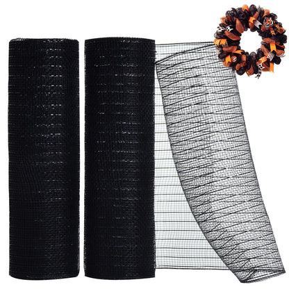 TONIFUL 2 Rolls 10 Inch Black Decorative Mesh Ribbbon Rolls, Fabric Mesh with Foil for Wreath Supplies, Front Door Wreath Crafts Tree Decor Christmas NewYears Halloween Decoration (10 yds/roll)