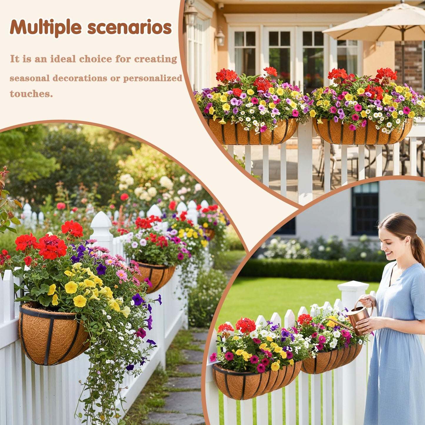 JFFLYIT 4 Pcs 36“ Railing Planter Window Box Deck Railing Planter Boxes with Coco Liner English Horse Trough Planters Metal Wall-Mounted Planters Basket for Outdoor Balcony Porch Fence Patio Rail