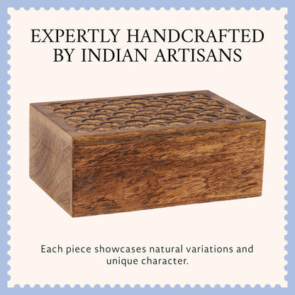 Mela Artisans 10.5” x 7.5” x 4” Mango Wood Box with Lid – Carved Scallop Medium Burnt – Handcrafted Wooden Keepsake Box – Extra Large Decorative Storage for Jewelry, Memory & Home Décor Accents