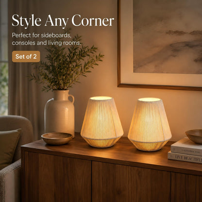 JHY DESIGN Set of 2 Woven Lampshade Table Lamps 8" H Cotton Rope Bedside Light‌s Cordless Decorative Battery Operated Lamps with 6 Hours Timer for Bedroom Living Room Home Parties Patio Events