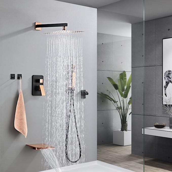 Rainfall Shower Faucet Set with Tub Spout 10 Inch, Shower Head and Handle with 2 Hooks, Rain Shower and Handheld Shower System Square Wall Mount for Bathroom