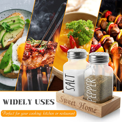 Glass Salt and Pepper Shakers with Holder - Dopeca Clear Salt and Pepper Set with Wood Caddy for Kitchen Counter or Table - Kitchen Decor and Accessories for Wedding Gifts - Easy Refilling-2.7 oz