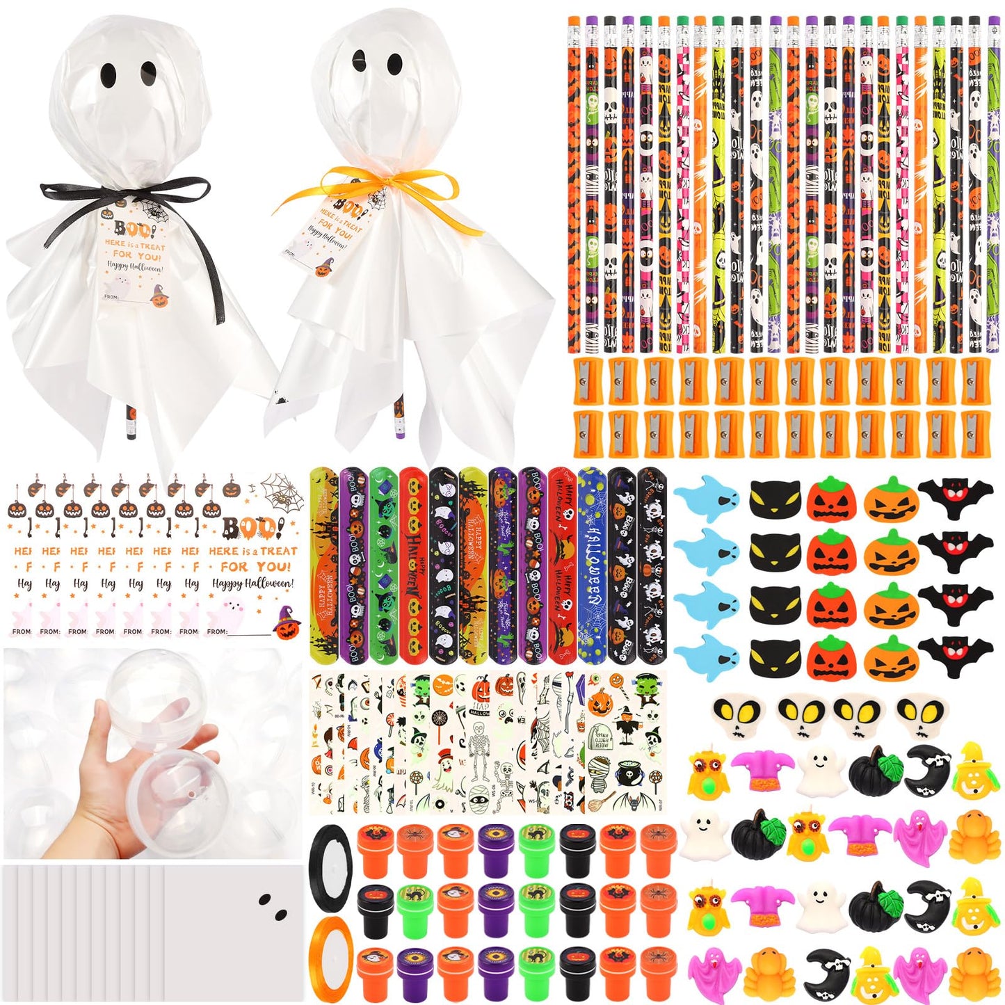 LiYiQ 24Pack Halloween Party Favors, Halloween Classroom Gifts Giant Lollipop Gifts for Birthday Party with Gift Cards, Pencils, Erasers, Stickers, Sharpener for Classroom Exchange Party Gift