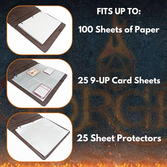 Forged Dice Co. Game-Folio PU Leather Portfolio Binder - Gaming Binder for DND Character Sheets with DND Spell Cards Organizer and Clear Front Pocket - Compatible with Dungeons and Dragons RPG - Green