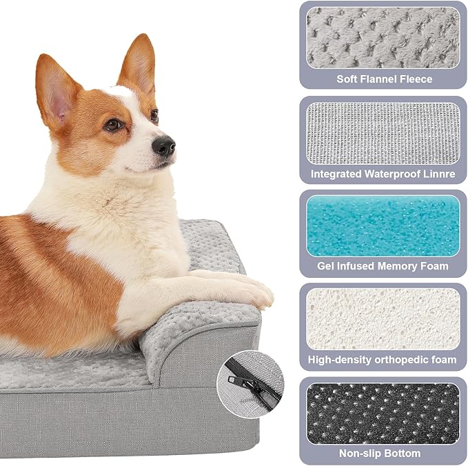 Rainmr Orthopedic Dog Beds for Large Dogs, Memory Foam Dog Beds Large Sized Dogs, Washable Removable Cover, Nonskid Bottom, Waterproof, for Indoor, Outdoor, Crate ＆ Car Use, 41x27x6 Inches, Light Grey