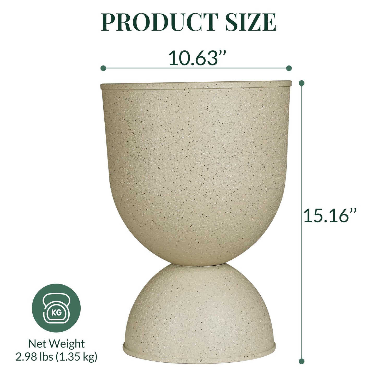 KOL Planters Flower Pots, Plastic Urn Planters for Indoor Outdoor Plants, Beige Pedestal Planter Pots 2 Pack, 15 Inch Tall Decorative Planters with Drainage Holes & Plugs for Front Porch Patio Garden
