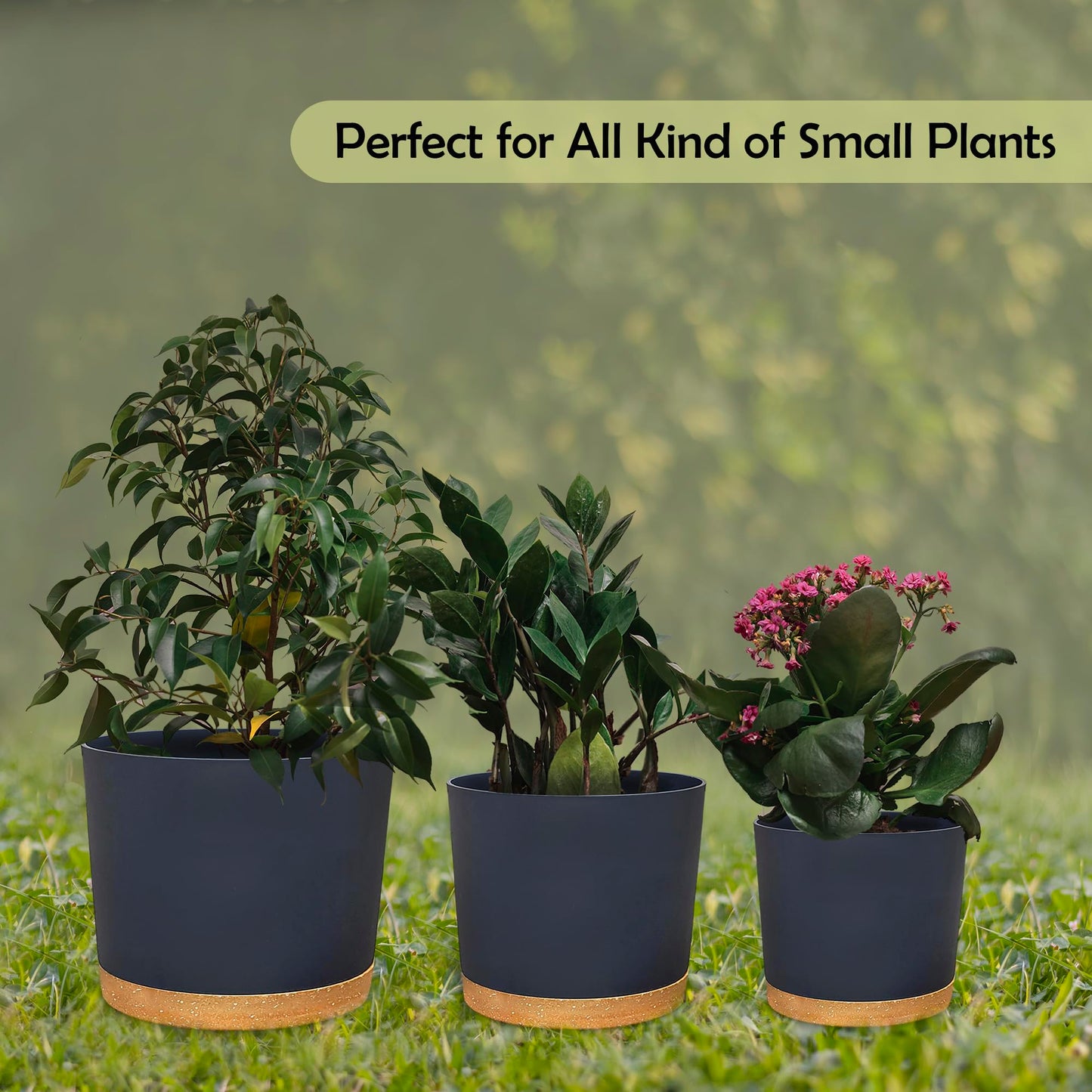 RUBBER BOND Plastic Plant Pots 3 Pack - Modern Indoor/Outdoor Planters for Home Decor - Weather-Resistant Flower Pots - Ideal for Stylish Garden and Patio Decor (Grey Round)