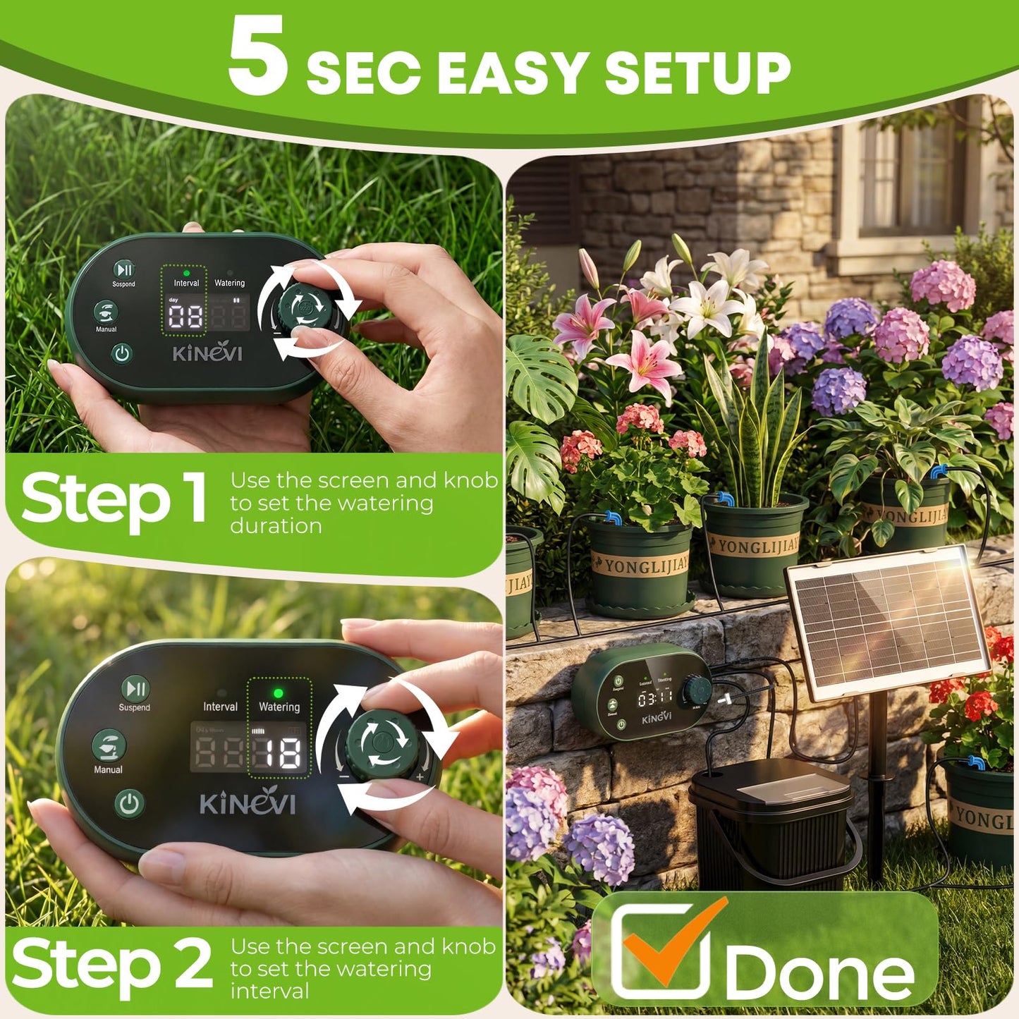 Solar Drip Irrigation System Kit, Auto Watering Kit for 15 Pots, 3W Solar Powered Auto Easy DIY Watering Device,22 Timing Modes with with Anti-Siphoning Device & Buckets and Flower Pots