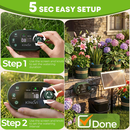 Solar Drip Irrigation System Kit, Auto Watering Kit for 15 Pots, 3W Solar Powered Auto Easy DIY Watering Device,22 Timing Modes with with Anti-Siphoning Device & Buckets and Flower Pots