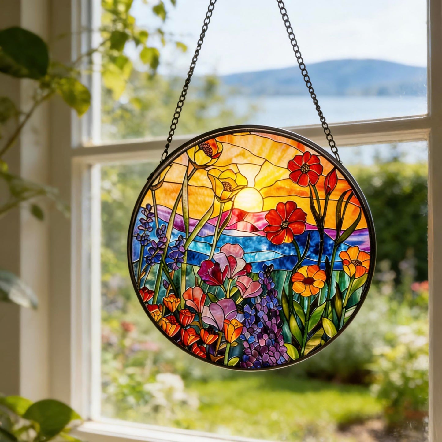 Stained Glass Sun Catcher,Wild FlowersStained Glass Window Hanging Garden Decor,Sun Catchers Indoor Window,Whimsical Decoration for Home Backyard Patio Lawn Porch with 9.8 INCH
