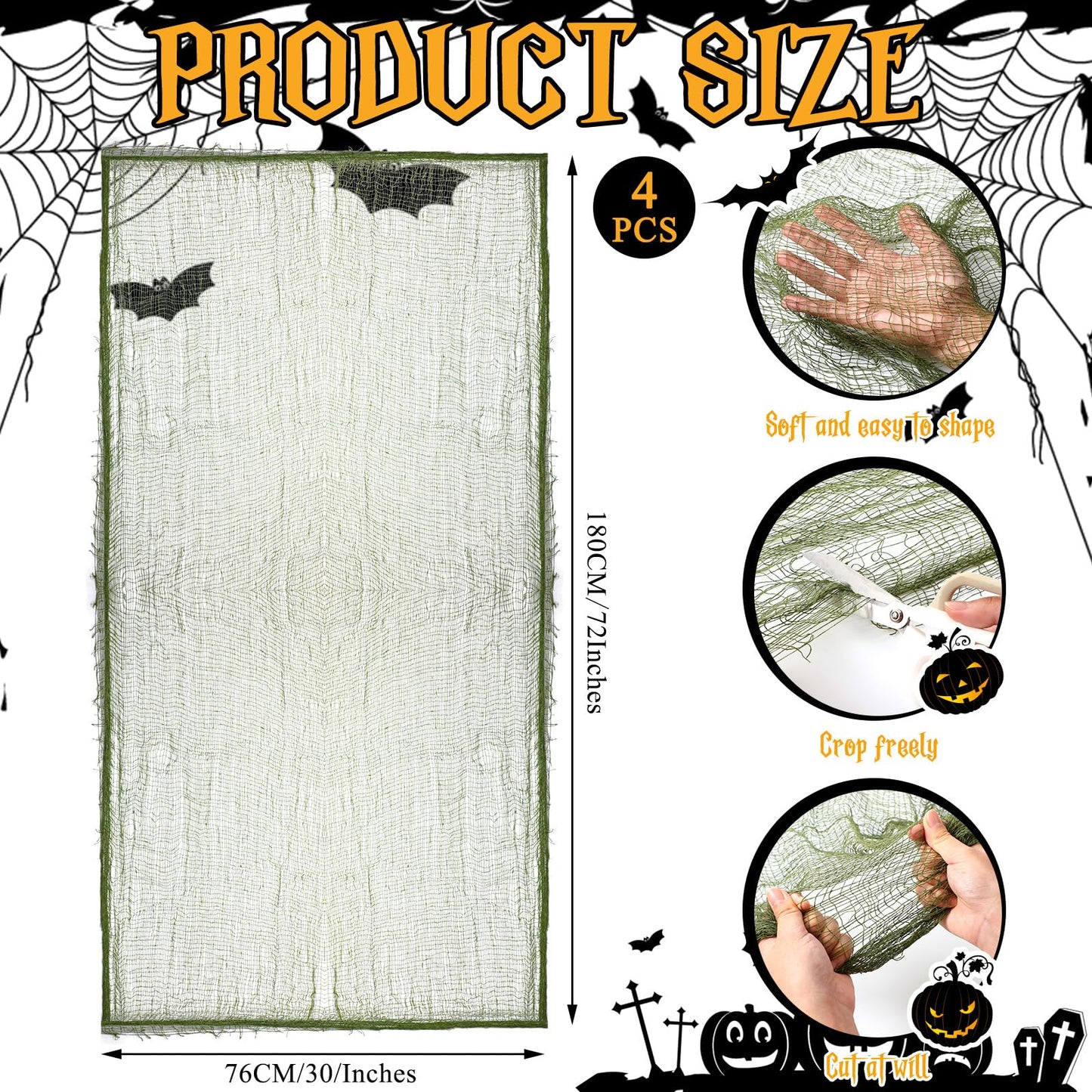 HunnmingRe 4 Pcs Halloween Creepy Cloth Moss Green 30 x 72 Inch Halloween Spooky Scary Gauze Decor Hanging Fabric Cloth for Holiday Party Decorations Indoor Outdoor Wall Windows