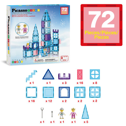 PicassoTiles 72 Piece Magnetic Building Tiles Castle Winter Ice Theme Construction Magnet Block Set with Princess Prince Character Stairs Windows Doors STEM Learning Educational Toy Kids Ages 3+ PT72