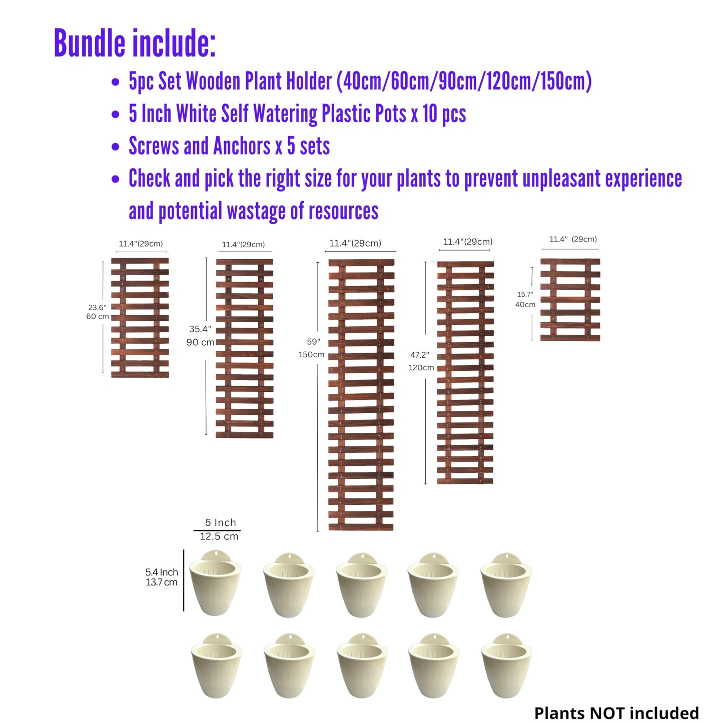 ShopLaLa Bundle- 5 Pack Set Wooden Plant Holder + 10 Pack, 5 Inch White Self Watering Plastic Pots Trendy Live Hanging Wall Mounted Indoor Vertical Hydroponic Garden System Large Rustic Shelves Frame