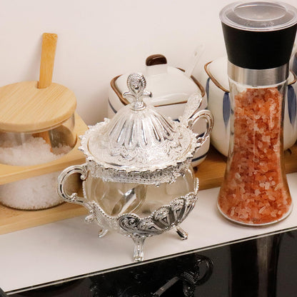 Tsnamay 6.1" Sugar Bowl with Lid and Spoon for Kitchen Coffee Bar and Wedding Party,Sugar Container for Sugar Cube and Powder Sugar,Salt Server,Silver