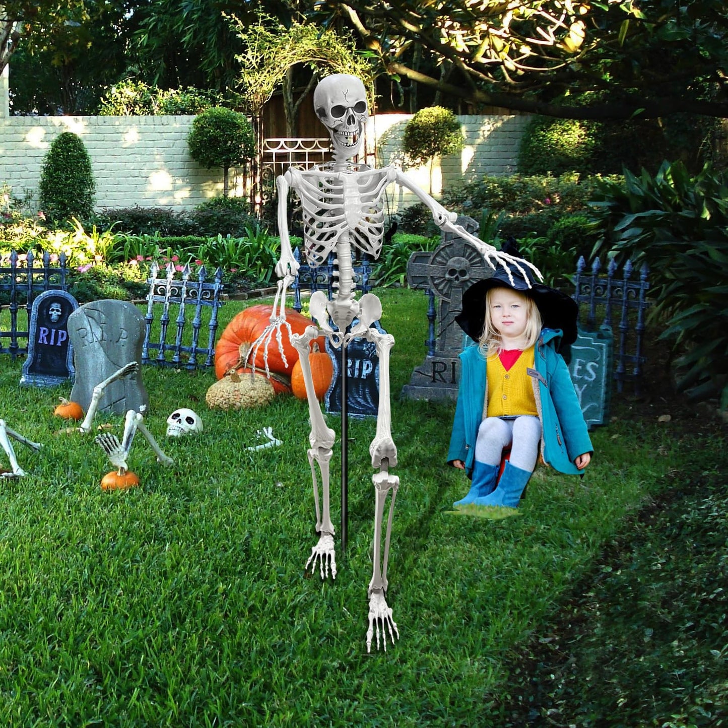Wocst 5.4Ft Halloween Life Size Human Skeletons Poseable Life Size Skeletons with Rope Plastic Human Bones with Movable Joints for Halloween Decoration