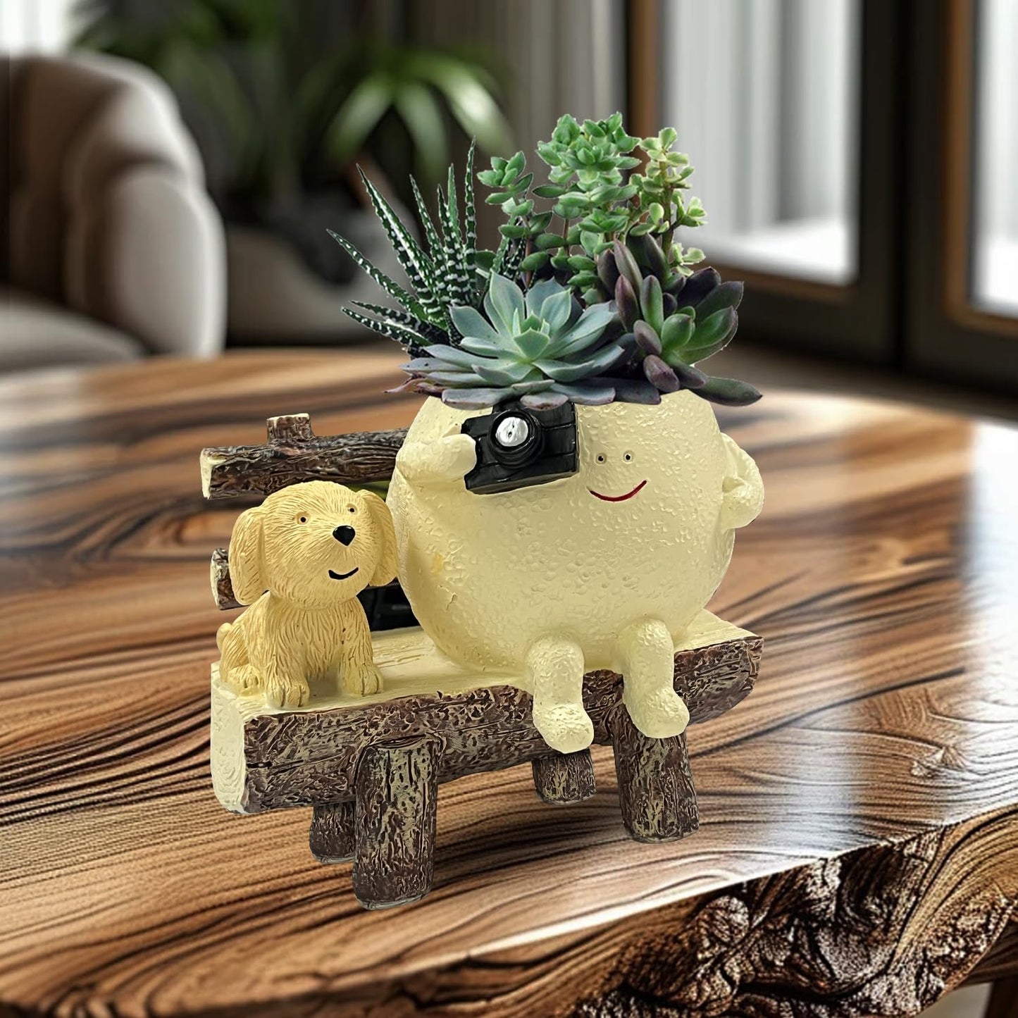 Tuenmofun Cute Funny Resin Bench Smiley Face Plant Pot Unique Head Succulent Planter for Indoor & Outdoor Flower