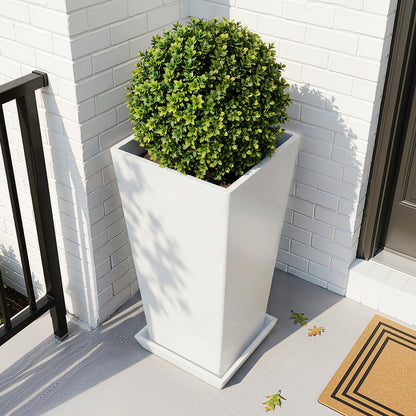 PolarcoForgeco 24" Tall White Planters for Outdoor Plants Set of 2, Large Flower Pots Planters with Drainage Holes & Tray, Modern Indoor Tapered Tall Planter for Front Porch