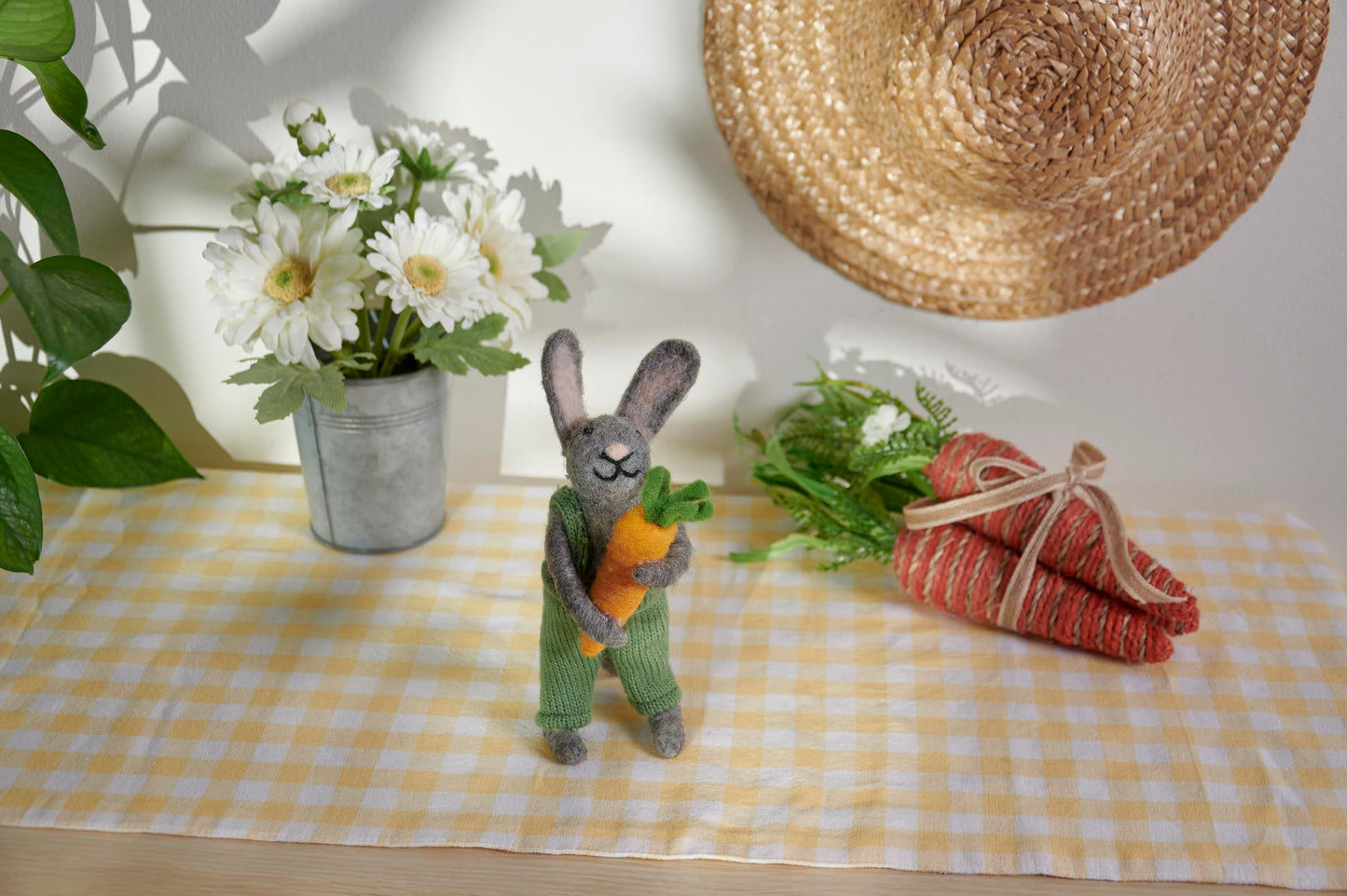 Primitives by Kathy Garden Rabbit Collectible Felt Critter, 9.75-inch, with Handmade Details, Holding Large Carrot, use for Tiered Tray or Tablescape with Our Other Easter & Spring Figures and Decor