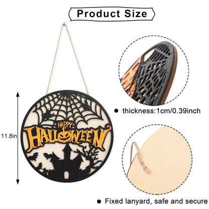 Happy Halloween Wooden Hanging Sign - Halloween Party Decorations, Halloween Ghost Door Sign, Halloween Garland, Wooden Wreath Indoor Wall Hanging Decorations (Happy Halloween Wreath)