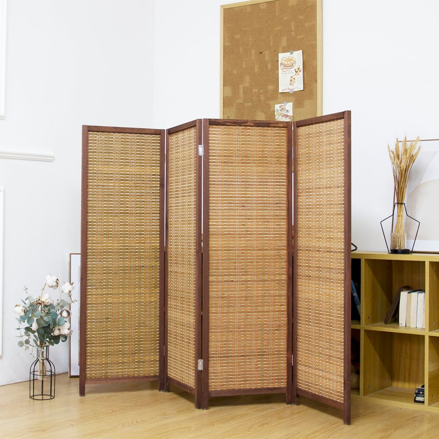 Pawlabay 4 Panel Short Panel Divider Screen,3.95 FT Tall Bamboo Room Divider Folding Privacy Screen,Short Panel Divider Freestanding Room Divider for Room Seperation,Brown