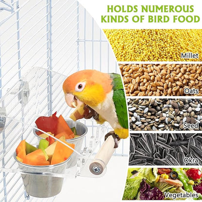 BNOSDM Bird Feeder for Cage with Double Stainless Steel Food & Water Bowls Anti-Slip Wood Perch Stand with No Mess Acrylic Seed Catcher for Parrot, Budgie, Parakeet, Lovebird, Canary, Finch,Conure