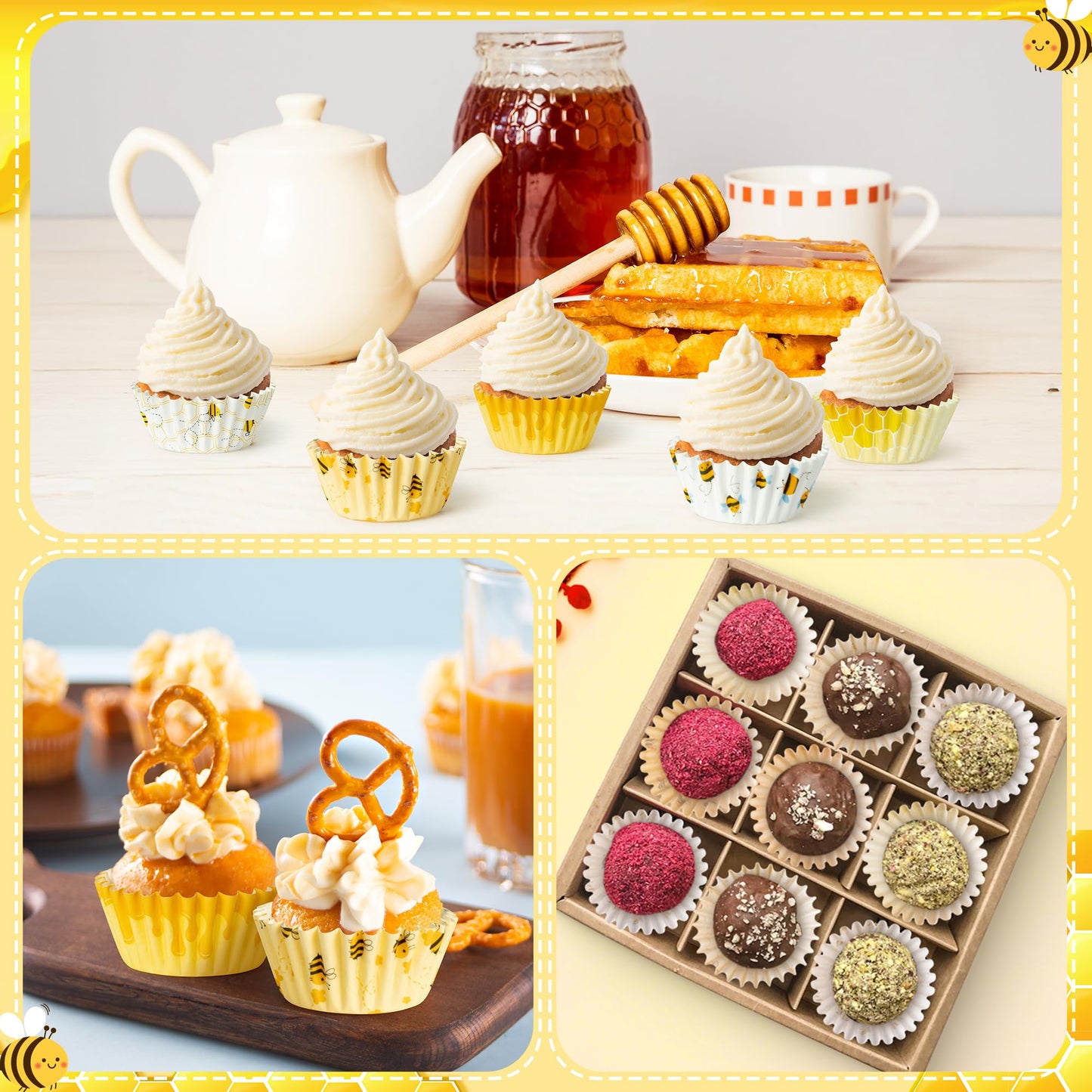 COcnny Bee Mini Cupcake Liners - 600pcs Summer Baking Cups Muffin Paper Cupcakes Wrappers for Birthday Party, Yellow Honey Candy Cake Chocolate Wrap Making Supplies for Baby Shower Wedding (10 Styles)