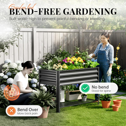 KING BIRD Large Raised Garden Bed with Legs & Storage Shelf Galvanized Elevated Planter Box for Backyard, Patio, Balcony, 400lb Capacity, Dark Grey 48×24×31.5 in
