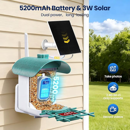 Smart Bird Feeder with Camera : 2K HD Video Live Stream, AI Birds Species Identification ＆ Instant Arrival Alerts, Solar Bird Feeder Camera for Outdoor Backyard, Ideal Gifts for Families nature lovers