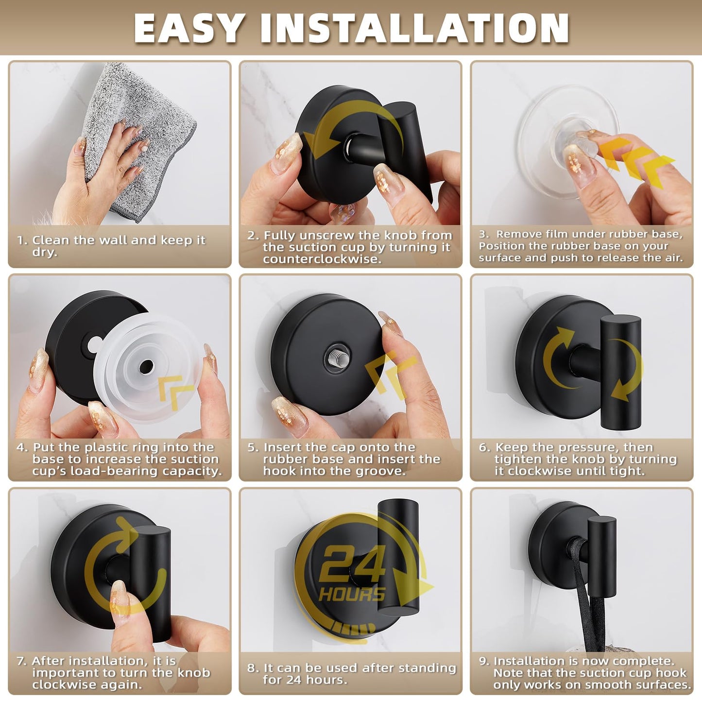 Fenas Suction Cup Hooks for Shower - Bathroom Reusable Hooks for Towels, Robes & Loofah - No-Drill Mounting on Kitchen,Walls,Metal,Glass,Mirrors,Tile & Smooth Non-Porous Surfaces (2, Matte Black)