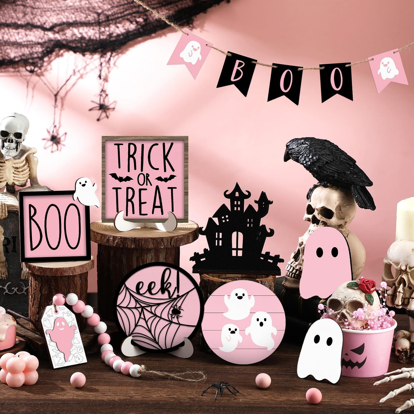 Umigy 15 Pcs Halloween Tiered Tray Decor Set Cute Ghost Tray Decorations Boo Halloween Wooden Signs Farmhouse Rustic Decoration for Home Table Party Supplies(Pink Ghost)