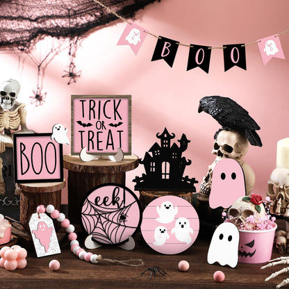 Umigy 15 Pcs Halloween Tiered Tray Decor Set Cute Ghost Tray Decorations Boo Halloween Wooden Signs Farmhouse Rustic Decoration for Home Table Party Supplies(Pink Ghost)