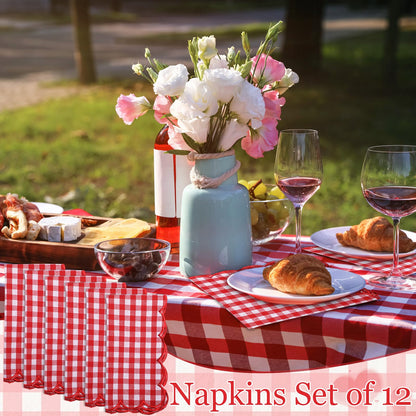 SmoothNovelty 12 Pack Buffalo Plaid Cloth Napkins 18x18 Inch Checkered Cloth Napkins Scalloped Soft Cotton Table Mat Washable Reusable for Dinner Wedding Holiday Birthday Parties (Classic,Red)