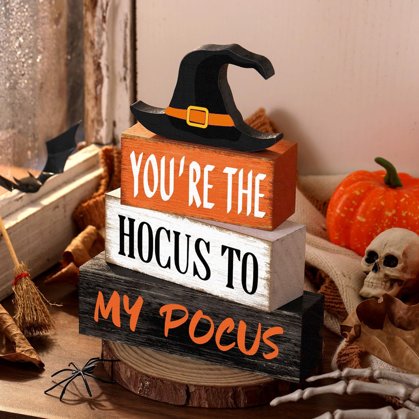 Yuntau 4 Pcs Halloween Hocus Pocus Table Decor Witch Hat Wooden Signs Distressed You're the Hocus to My Pocus Tabletop Centerpieces Witch Tiered Tray Decor Rustic Halloween Decorations for Home Desk