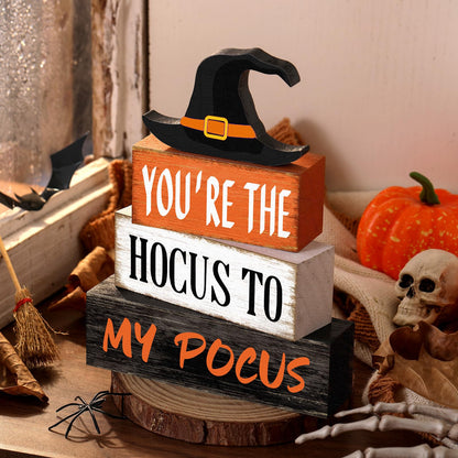 Yuntau 4 Pcs Halloween Hocus Pocus Table Decor Witch Hat Wooden Signs Distressed You're the Hocus to My Pocus Tabletop Centerpieces Witch Tiered Tray Decor Rustic Halloween Decorations for Home Desk