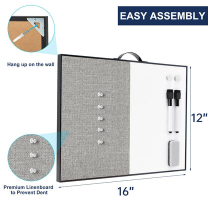 Small White Board Cork-Board Combo - 16 X 12 inches Gray Linen Board & Magnetic Dry Erase Board for Wall, Mini Bulletin Cork Board with Holder for Office, Home and School