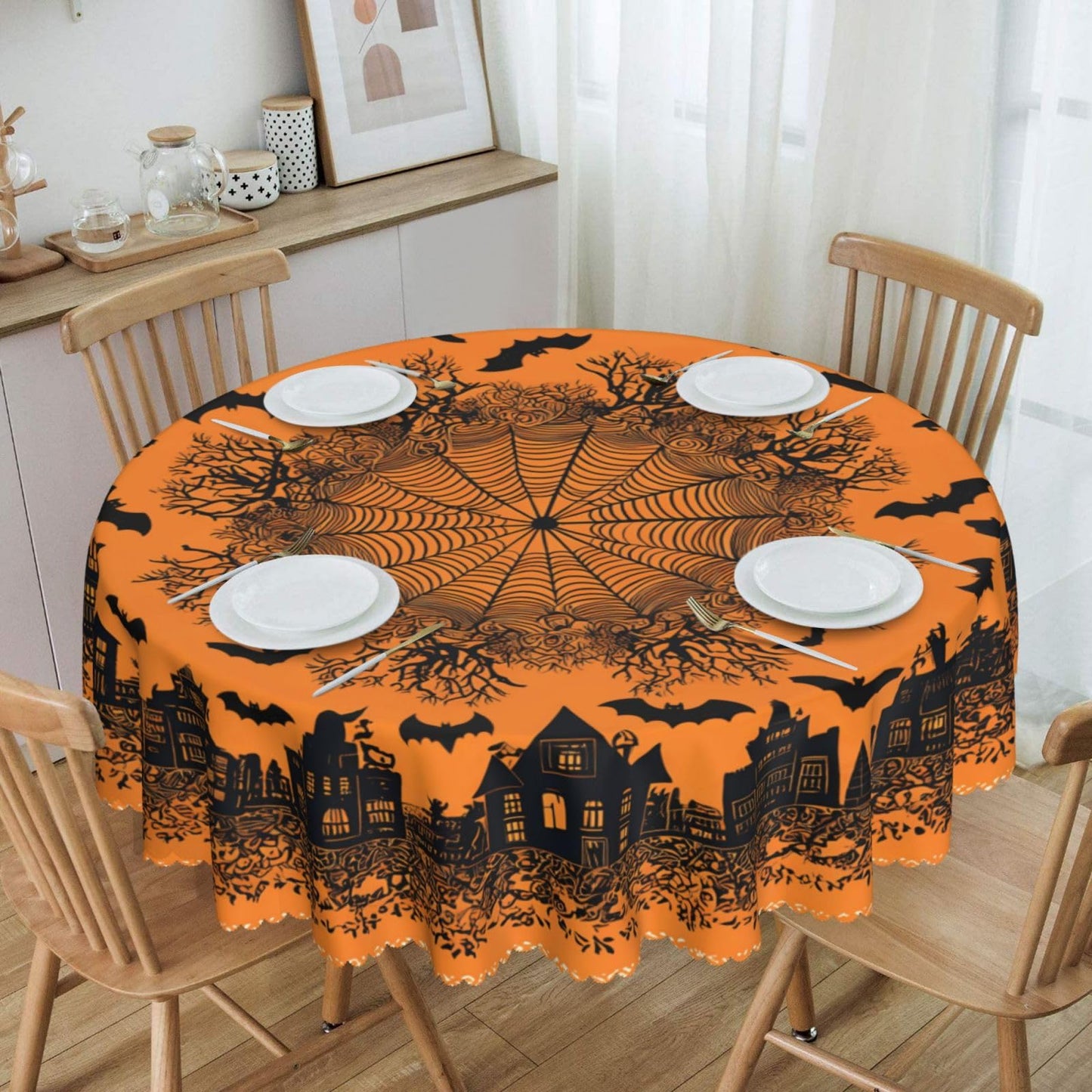 Ecixzyo Halloween Round Tablecloth 60 Inch Polyester Washable Table Cover Home Decor for Kitchen Dining Party Picnic