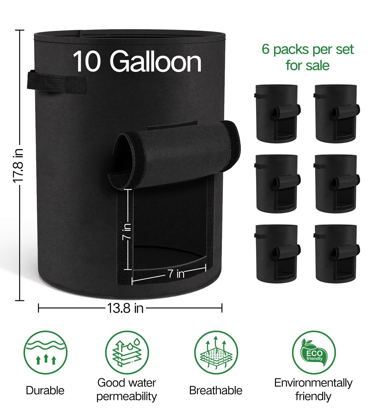 Moyios 6-Pack 10 Gallon Potato Grow Bags – Durable Nonwoven Fabric Planters with Reinforced Handles | Reusable Garden Containers for Potatoes, Vegetables (Black, 10 Gallons/6 Pack)