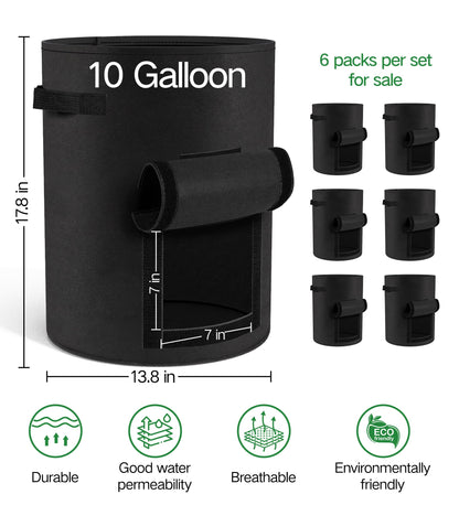 Moyios 6-Pack 10 Gallon Potato Grow Bags – Durable Nonwoven Fabric Planters with Reinforced Handles | Reusable Garden Containers for Potatoes, Vegetables (Black, 10 Gallons/6 Pack)