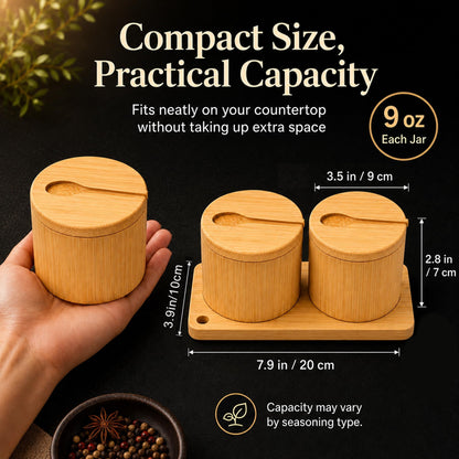 Bamboo Salt Cellar Set with Tray, 2 Salt and Pepper Cellar with Lids & Spoons, Magnetic Swivel Lid, 16 Labels, Spice Containers for Salt, Pepper, Sugar, Spices, Kitchen Countertop Organizer, 9 OZ Each