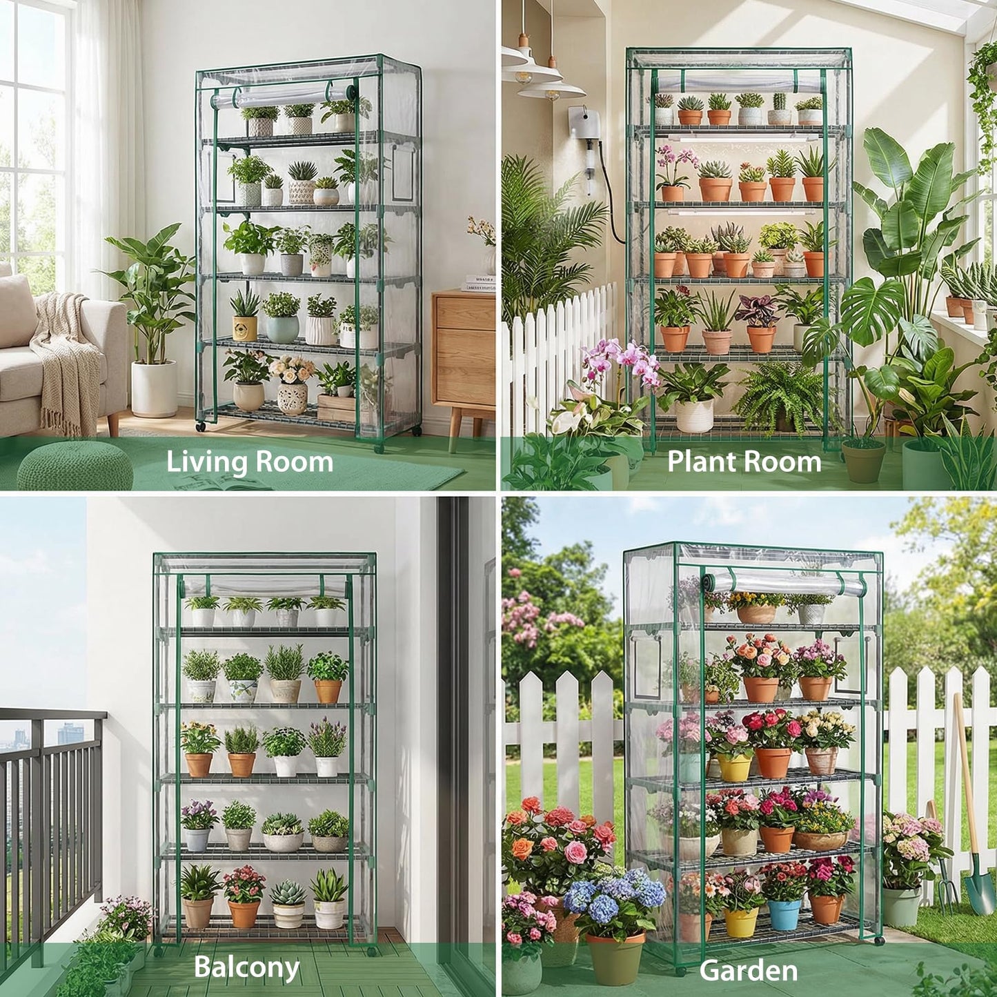 Indoor Greenhouse with Grow Lights & Wheels, 5 Tier Wire Shelf PVC Tent Portable Mini Green House Cabinet Kit for Plant Seed Starting Mushroom Grow