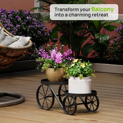 Cute Plant Stand Indoor Outdoor 2-Tier Metal Heavy Duty Flower Pot Holder with Decorative wagon wheels, Multi-Use Planter Display Rack Shelf for Garden Patio Balcony Living Room Corner (Black)